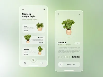Plant Shop App app app design application buy clean design elegant glass glassmorphism green minimal modern plant plant app plants shop swipe transparent ui ux