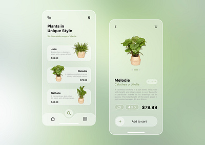 Plant Shop App app app design application buy clean design elegant glass glassmorphism green minimal modern plant plant app plants shop swipe transparent ui ux