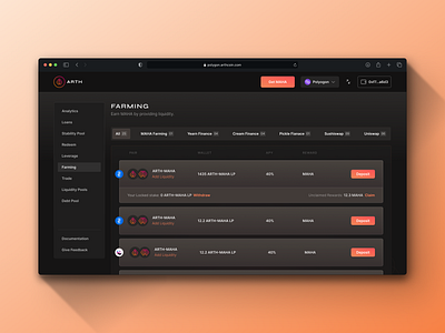 Farming Pools table- ARTH Protocol blockchain card component clean ui crypto dark mode design table
