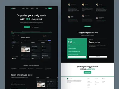 Loopwork — Project Management Landing Page board clean connect darkmode design kanban kanban board landing page management minimal modern project project management team to do list todo ui website work