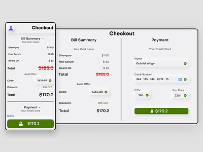 Responsive Checkout Payment Page figma interaction design neumorphism ui uiux uiuxdesign user interaction ux