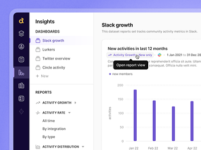 Insights Dashboard View - Inline Links Exploration chart figma graph inline actions insights links product product design purple reporting reports saas side menu sidebar ui ui design uxdesign web app