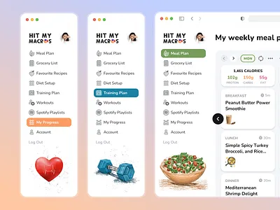 Sidebar navigation | Hit My Macros app clean dashboard dashboard flat illustration interface left menu menu minimal nav bar navigation navigation bar side bar side menu sidebar ui ux