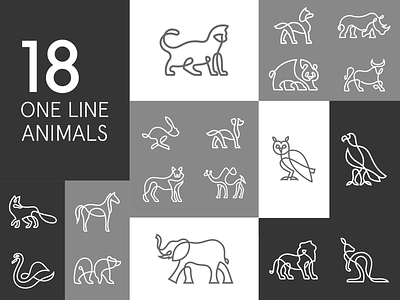 One Line Animals animals apparel bear bull cat dog drawings eagle fox horse icons kangaroo line lion logo monoline pattern set single line t shirt