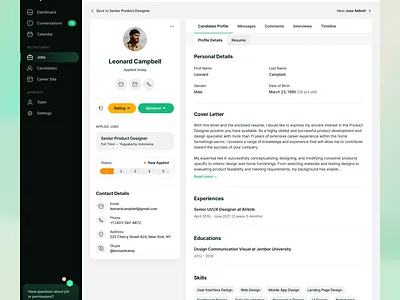 Recruiting Software - Candidate Detail Page application b2b clean crm dashboard green hr job kanban landing list management profile property remote saas software task tracking ui design