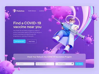 Pedulivac - Vaccination Program 3D Illustration 3d blender branding character cinema4d covid design doctor header healthcare hero illustration hospital illustration landing page purple virus website
