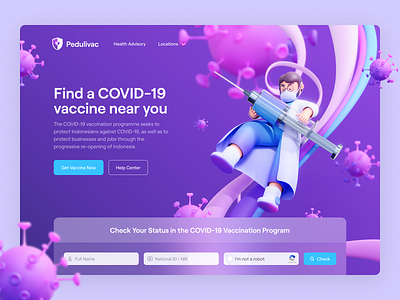 Pedulivac - Vaccination Program 3D Illustration 3d blender branding character cinema4d covid design doctor header healthcare hero illustration hospital illustration landing page purple virus website