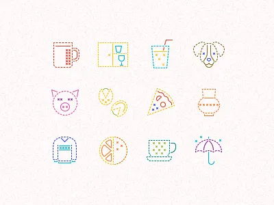 Embroidered icon set cozy design design tools embroidered embroidery food graphic design icon set icons pets stitch vector art vector icons weather