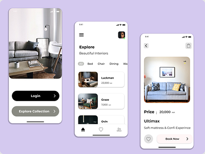 Furniture & Interiors App appdesign dailyui figma furnitureapp homepage iosapp iosappdesign onboardingpage productpage prototyping ui uiux ux wireframing xd