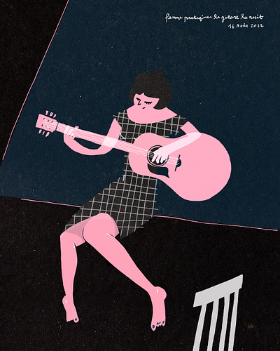 Femme pratiquant la guitare la nuit. drawing graphic design illustration