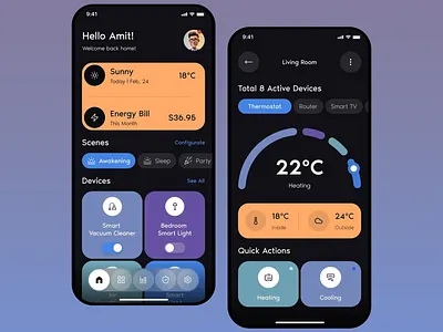 Smart Home Mobile App app exploration cooling dark theme energy bills heating home automation home control mobile app router smart devices smart home smart light smart tv smart vacuum tech temperature control user experience user interface uxui weather forecast