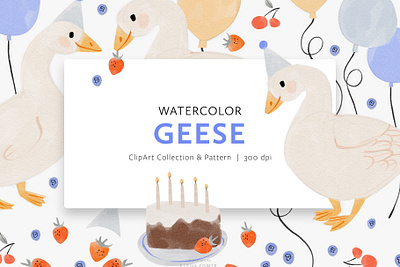 Watercolor Geese Clip Art & Pattern Collection baby bird pattern birthday party children children pattern childrens illustration clipart goose pattern gouache painting illustration kids kids illustration kids pattern nursery pattern spring pattern summer pattern watercolor bird watercolor painting watercolour