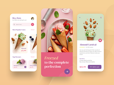 Freezed - Ice Cream App Concept app design application desert design flavors ice ice cream ice cream app icecream mobile app design strawberry ui design uiux