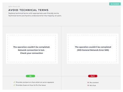 Avoid technical terms best practice clue connection design do dont ux e shop error message form how to fix issue illustration issue network state status technical error ux content ux designer ux process wording