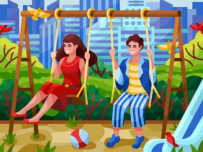 Swinging couple couple couple in love design flat happy people illustration park park illustration people people i a park people on a swings people vector playground playground illustration swinging ui vector vector couple