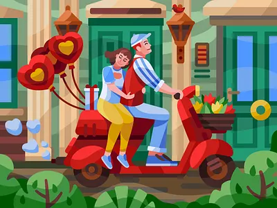Couple in love anniversary byke couple couple illustration couple in love couple in love on a moped couple on a byke couple on moped design flat illustration love moped moped illustration people skooter valentinas day vector vector couple vector people