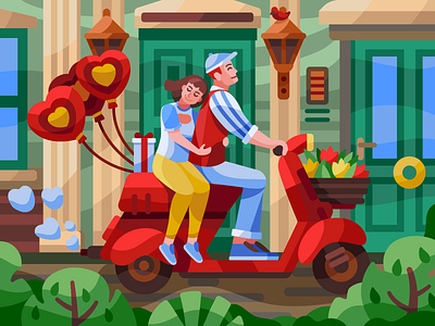 Couple in love anniversary byke couple couple illustration couple in love couple in love on a moped couple on a byke couple on moped design flat illustration love moped moped illustration people skooter valentinas day vector vector couple vector people