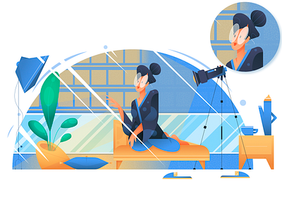 Woman preparing a set for filming a vlog calm character character design feminism filming flat geometrical girl gradient illustration minimal pastel plants traditional clothes vector vlog woman youtube