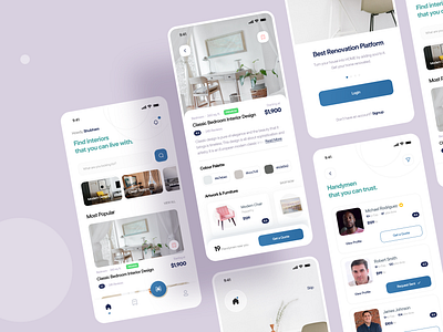 Home Interior App app design colour detail page funiture handyman interior login popular profile quote renovation request scanner trend typography ui uidesign walkthrough