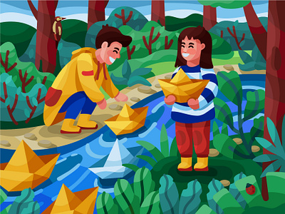 Childhood friendship child friendship childhood childhood friendship children design flat friends illustration nature origami paper boats people people in a park people vector playing children playing paople rest in forest river vector
