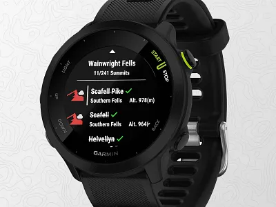 Wainwright Fells Summit List - Garmin App app design fells garmin garmin watch hike hiking lake district mountains outdoors topography travel ui uk ux uxui wainwright watch wearable widget