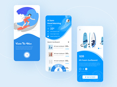 Catch the wave surfboard rent ticket Mobile App UI app design app ui design design graphic design landing page design mobile app ui design mobile design ui surfboard app ui design surfing app ui ui ui designer ui ux design