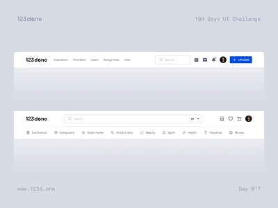 Day 017 — Header Navigations | 100 days UI challenge 123done challenge clean daily challenge dailyui design figma header header navigation icon pack icon set icons navbar navigation template ui universal icon set website