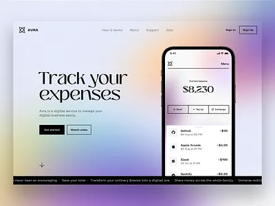 Avra app application banking black blur branding clean colors design expenses finance gradient landing logo minimal ui ux wallet web www