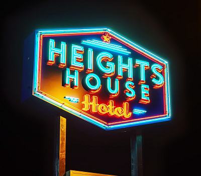 Signage Design: Heights House Hotel, Houston TX branding canada design graphic design heights house hotel houston texas illustration jesse ladret logo malcontent creative neon sign signage type typeography vancouver island victoria victoria bc