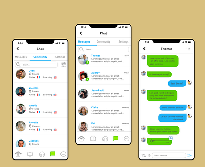 Immersive Chat App app design duolingo hireme language learning mobile ui ux