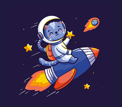 Star Catcher animal astronaut cartoon cat character colorful cute graphic design illustration rocket space star