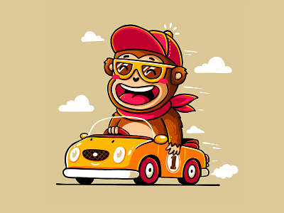 Riding animal cartoon character colorful cute graphic design illustration monkey ride riding