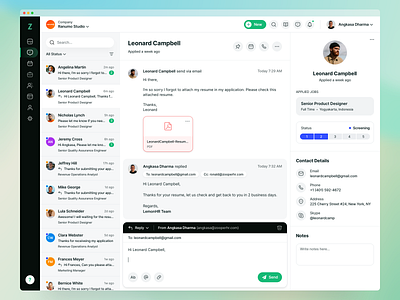 Recruiting Software - Conversations Page application branding chart chat chatting clean conversation dashboard email inbox job lead management messaging minimal product design telegram tracking ui design web app