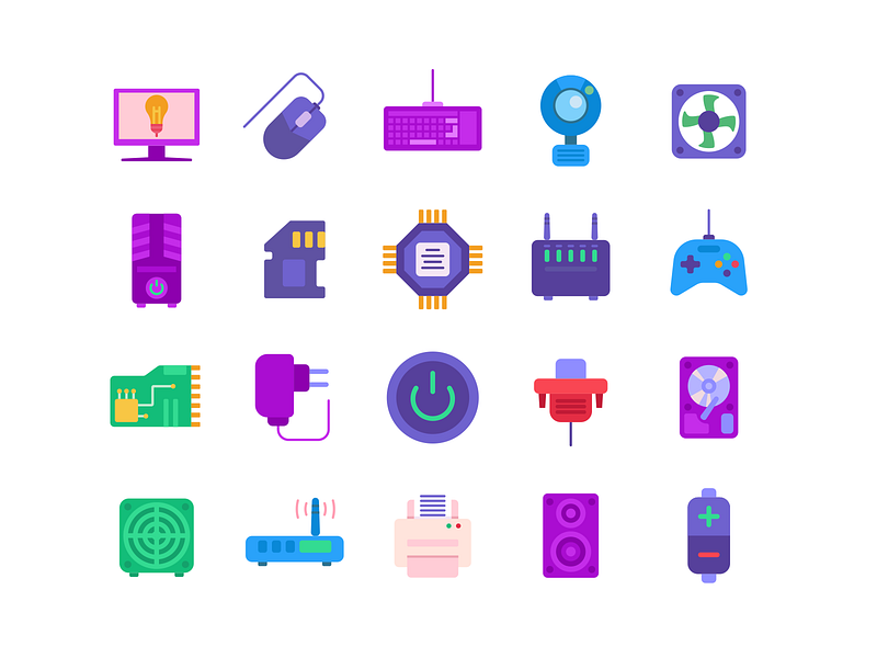 Computer Hardware Color Icons coloured icons desktop computer flat icons icon icons icons pack microprocessor monitor mouse storage transmitor ui vector vectors