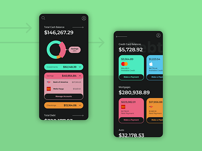 Finance Management App UI app balance banking credit cards credit score debt design donut chart figma finances loans management money payment slide ui ux