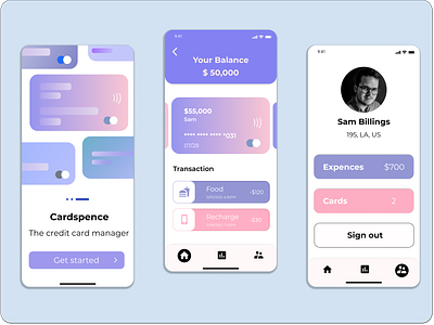 Credit Card App appdesign dailyui figma homepage iosapp iosappdesign onboardingpage profilepage prototyping ui uidesign uiux ux wireframing xd