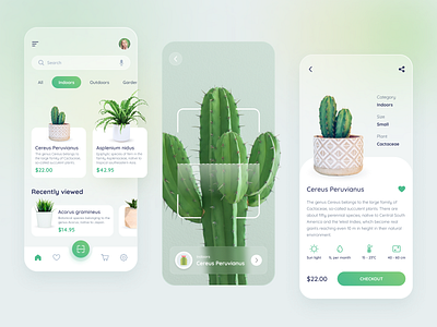 Plant Shop App app cactus clean code ecommerce glass effect glassmorphism green indoors ios minimalist mobile plant app plants recognition scanner scanning shop trend trend 2021