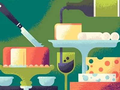 Five Types of Cheese Close Up adobe brie cheddar cheese culinary dairy food glass gouda illustration knife pour table setting tasting texture vector wine