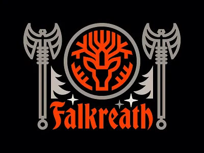 Skyrim_Falkreath axe bethesda black forest blackletter coat of arms crest deer elder scrolls falkreath forest gaming heraldry illustration medallion medieval nature seal skyrim stag stars