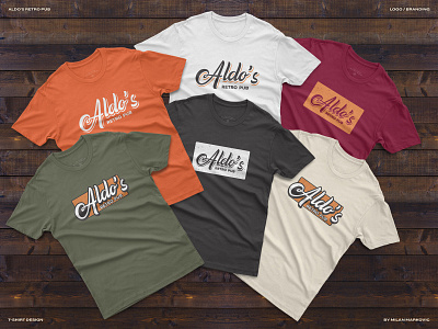 Aldo's Retro Pub Brand Application alcohol apparel bar branding brewery brewery banding drink graphic design identity design logo logotype merch merchandise print pub retro tshirt typography vintage visual identity