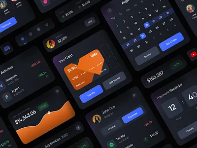 UI Components Dark Theme banking calendar card cardsui chart components dark component dark theme design system finance kit modal navigation payment ui ui component user interface ux widgets