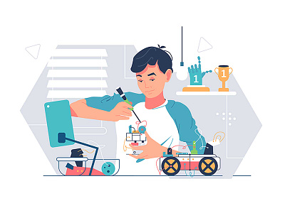 Boy fix electrical car with tool screwdriver