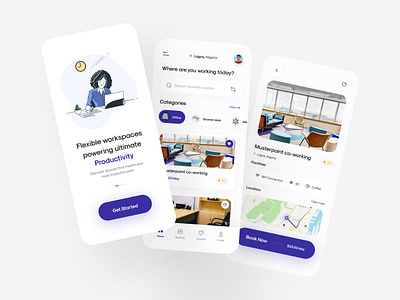 Co-working space finder App app design co working space creative design meeting room minimalism mobile mobile app new noteworthy office piqo design popular product design productivity ui ui design uiux uiux design work