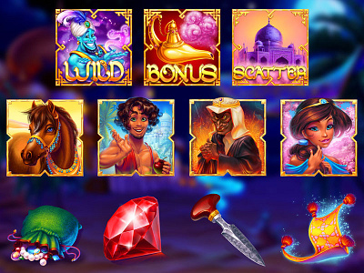 Set of slot symbols for the game "Aladdin" aladdin aladdin slot aladdin symbols aladdin themed art slot casino development design art gamble game gambling gambling art gambling design game art game design graphic design slot slot art slot design slot designer slot development slot symbols