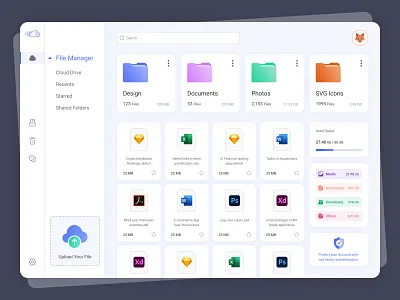 File Manager Dashboard / Cloud App analytic analytics charts cloud cloud drive cloud space colorful dashboard document documents dropbox file management file manager files google drive platform product storage app web web app