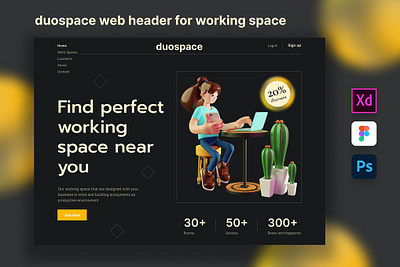 Duospace - Web Header for Working Space 3d animation 3d art 3d character 3d illustration app company design financial illustration landing page page pages template ui uiux ux web web header website work