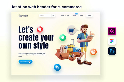 Fashtion - Header for E-commerce Website 3d animation 3d art 3d character 3d illustration app design ecommerce fashion header illustration landing page page template ui uiux ux web web header website work