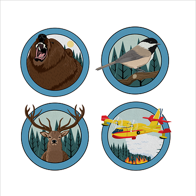 Forest themed badges badges bear bird canadair deer fire forest illustration nature outdoor scouts stag trees vector vintage