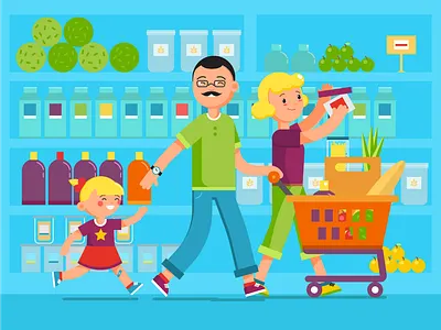 a family in a supermarket cartoon character characterdesign family happy illustration portrait supermarket vector