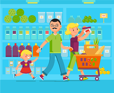 a family in a supermarket cartoon character characterdesign family happy illustration portrait supermarket vector